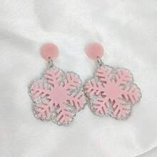 2件装女士圣诞雪花图案亚克力面板设计百搭个性时尚耳环，适合圣诞派对，设计感十足，是送给女孩和老师的绝佳礼物。 - 粉色 - 查看 1