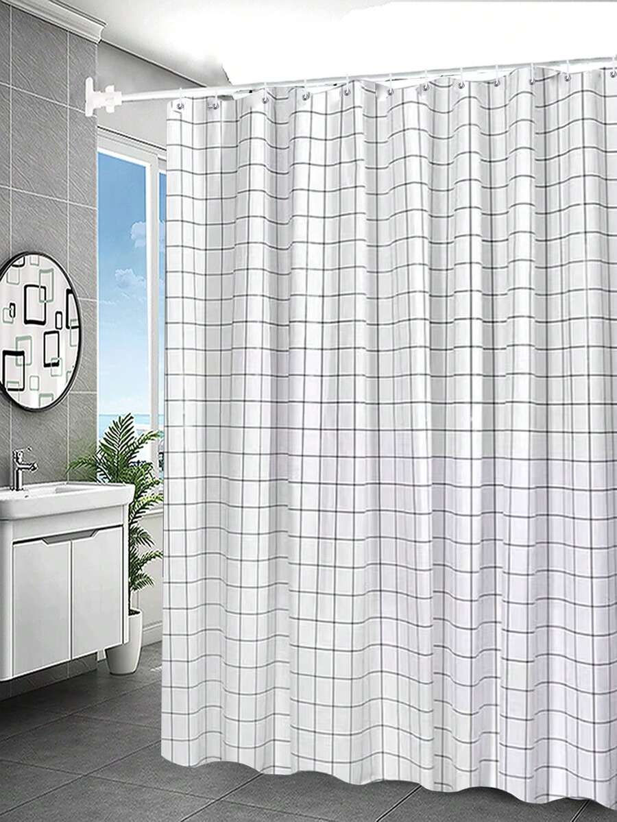 1入組滌綸浴簾浴室現代主義格子印花浴簾襯墊 - 黑與白 - 查看 1