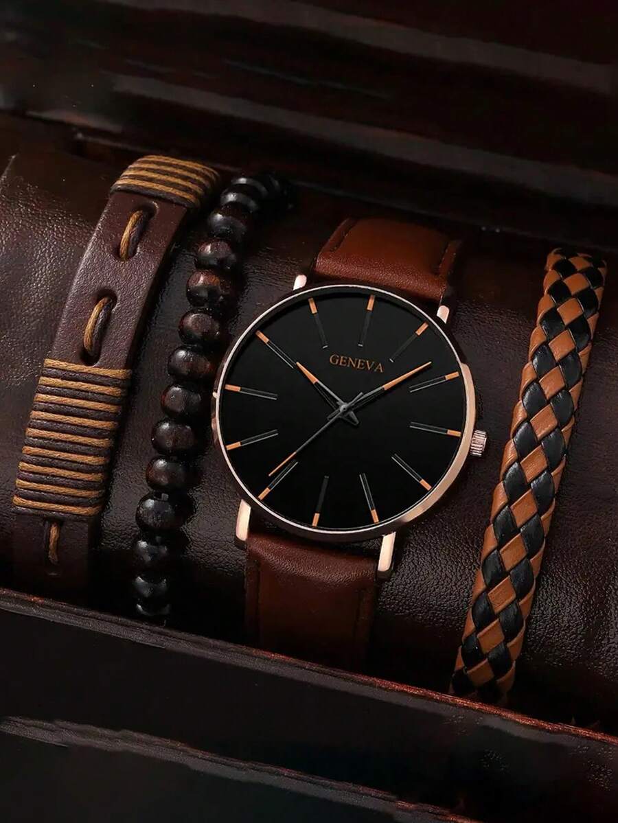 5-Piece/Set Minimalist Men's Watch Set, Suitable For Everyday Wear. - Brown - View 1
