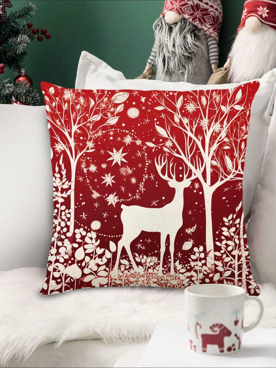 1入紅色聖誕麋鹿紋枕套(不包含內芯),現代風格亞麻材質45cm * 45cm / 17.72in * 17.72in 單面印刷拉鍊封閉柔軟裝飾靠墊套,作為節日枕頭,適用於秋冬新品,適合聖誕節 - 紅白色 - 查看 1