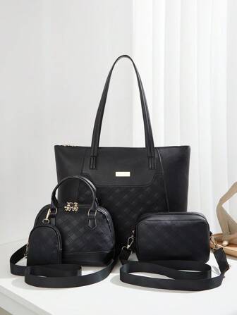 4 件套女士旅行套装：时尚水钻压花斜挎包、纯色手提包、大容量手提包、单肩相机包、书包套装、便携、经典休闲、商务休闲、适合少女、女大学生、白领、大学、适合办公室、小学、时尚女士带袋书包