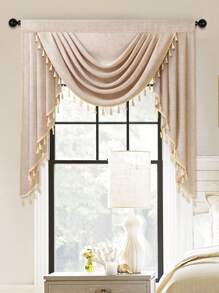 1 pieza Cortina de ventana de unicolor tejida, de estilo minimalista moderno con material de fibra de poliéster y borde de encaje con flecos, adecuada para la decoración de la sala de estar, dormitorio, ventana y puerta - Beis - Ver 5