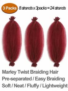3 gói tóc nối xoăn màu đỏ rượu vang, tóc tết tổng hợp Marley Twist, tóc nối xoắn đen Afro Springy để tết, tóc nối tổng hợp xoắn lò xo Kinky Twist Pre Fluffed - Màu Đỏ Sâu - Xem 3