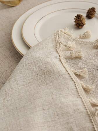 1個加厚亞麻桌布,帶流蘇和圓點,鄉村風格裝飾