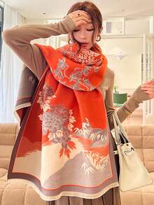 1 件女用圍巾,時尚印花人造羊絨披肩,學生護頸,厚雙面保暖