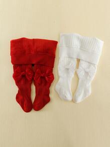 2入組兒童加厚絨面長褲襪,飾以緞帶細節 - 彩色 - 查看 1