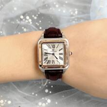 Pablo Raez 1入組優雅女士們方形皮革帶手錶帶玫瑰金色和銀色調不銹鋼殼套,羅馬數字錶盤,嵌入式藍色藍寶石,黑色真皮帶,防水和休閒石英電子錶適用於日常工作和生活 - 黑色 - 查看 11