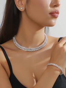 1pc Flower Design Claw Set Rhinestone Necklace + 1pair Rhinestone Stud Earrings + 1pc Rhinestone Bracelet, 3pcs/set - Silver - View 1