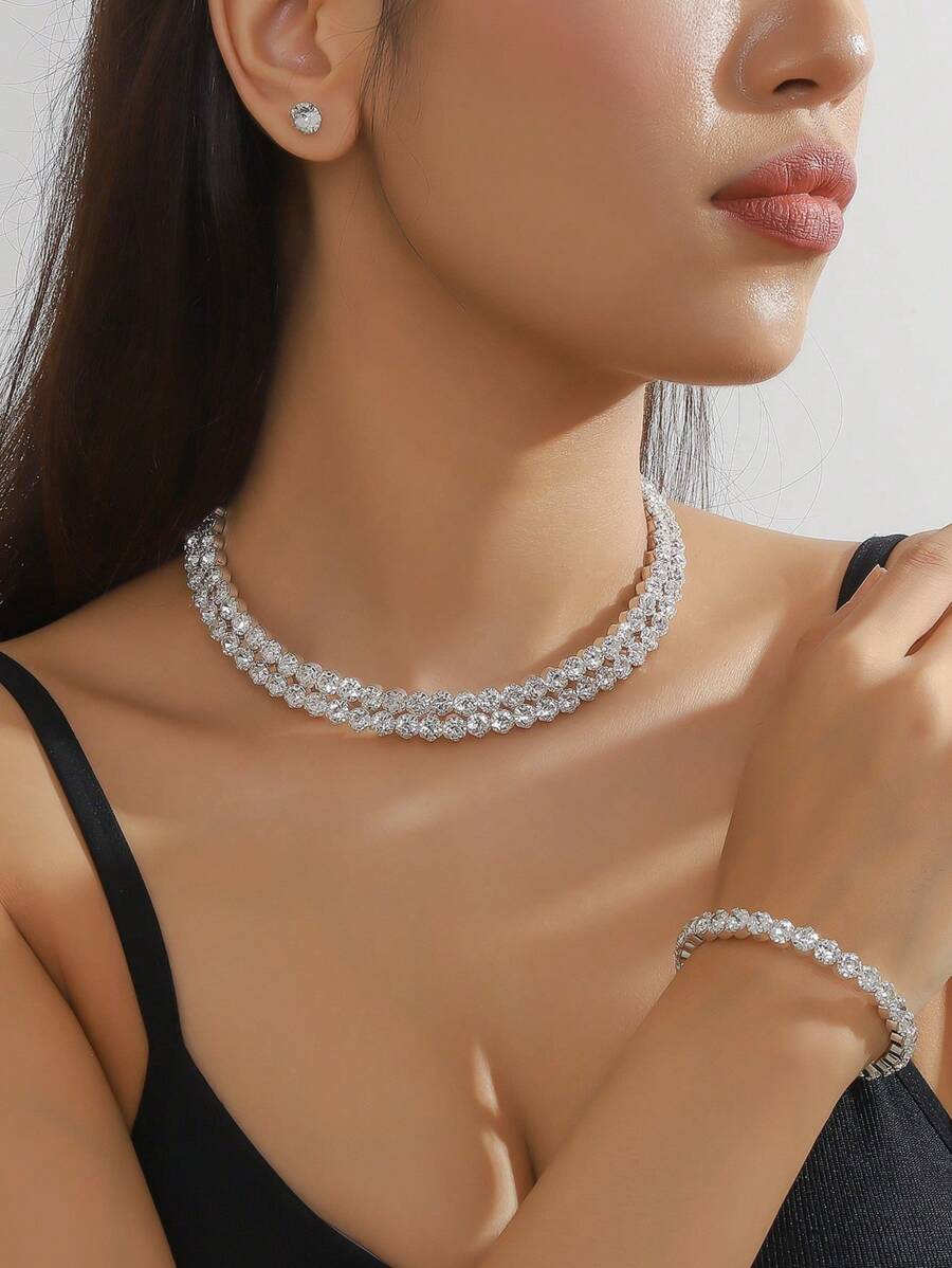 1pc Flower Design Claw Set Rhinestone Necklace + 1pair Rhinestone Stud Earrings + 1pc Rhinestone Bracelet, 3pcs/set - Silver - View 1