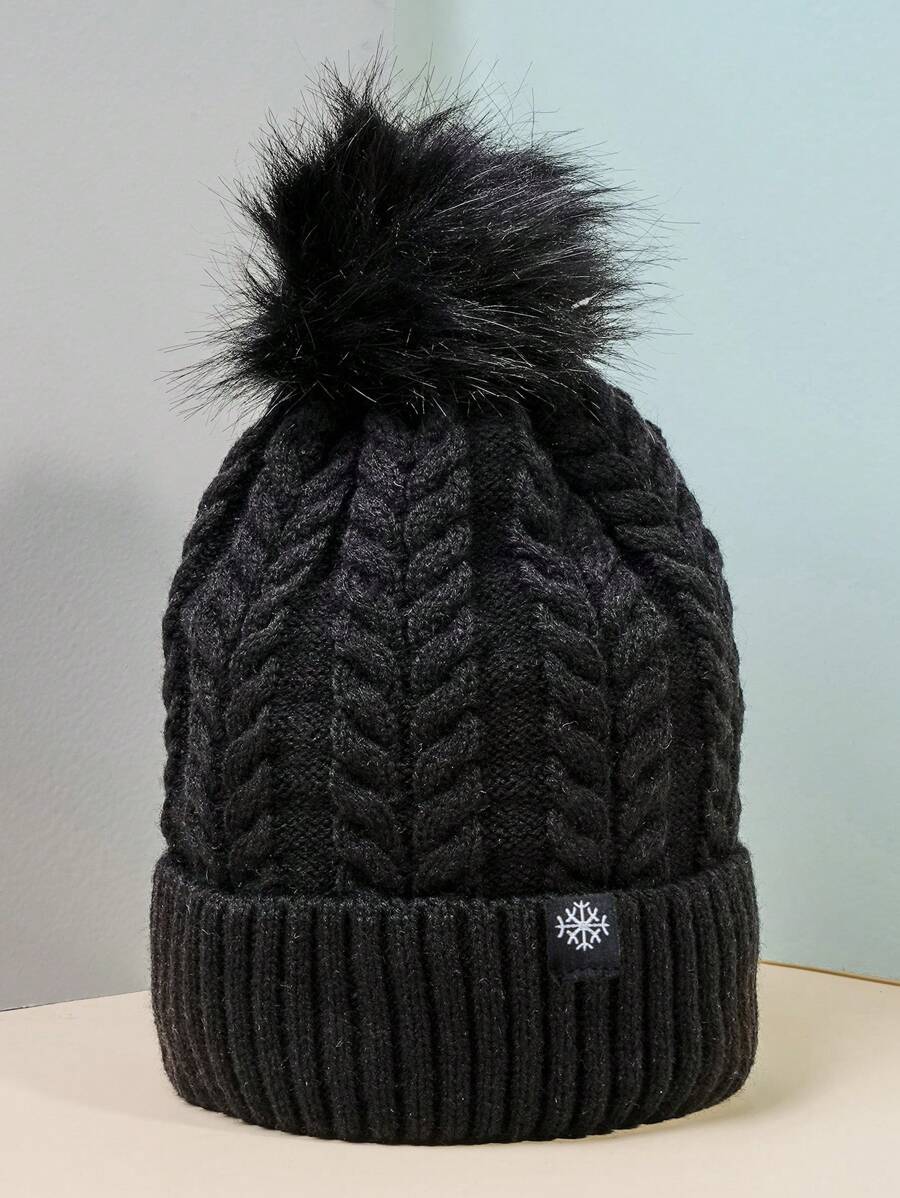 1pc Unisex Ski Hat, Embroidered Snowflake Logo, Y2K Style, Windproof & Warm, Fashionable And Versatile, Thermal Lined Knit Cap, Suitable For Outdoor Activities In Fall And Winter - Black - View 1