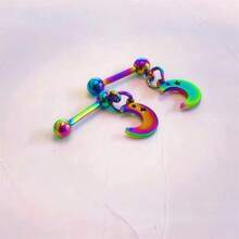 1對月亮和星星形狀的鎢鋼中空螺紋耳釘,酷炫街頭藝術赛博朋克風格珠寶