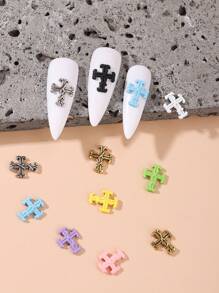 80Pcs/1 Box Punk Retro Cross Nail Patch Y2K Metal Macaron Color Cross Nail Ornament Set Simple And Versatile Style Retro Alloy Cross, Gothic Style Solid Metal Nail Drill Decoration, Fake Nail Decoration Accessories Nail Charms Nail Supplies Nail Gems Nails - Multicolor - View 3