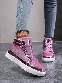 Của phụ nữ High Top Giày thể thao , Sáng bóng Hoa hồng Đỏ  Da bằng sáng chế , Cho đám cưới , Buổi tiệc , Hiệu suất , Ngày , Giải trí , Và Thể thao , Vợ chồng Giày dép - Màu Hồng Tươi - Xem 5