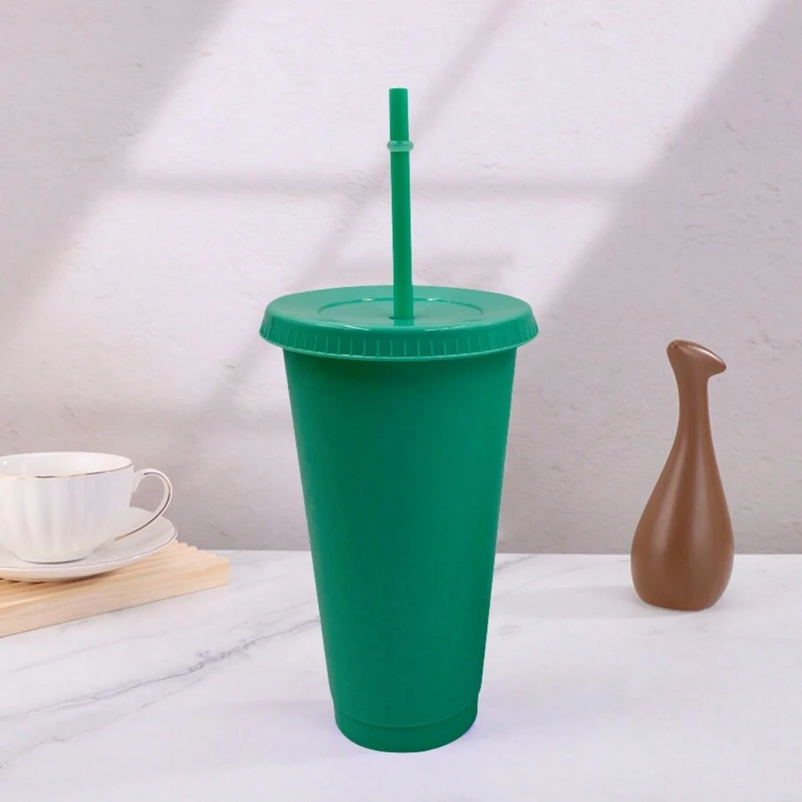 1pc/5pcs/6pcs/10pcs, 710ml/24oz,500ml/16oz Reusable Plastic Cup With Lid And Straw, Reusable Coffee Cup For Hot And Cold Drinks,Suitable For Drinking Water, Milk - Green - View 1