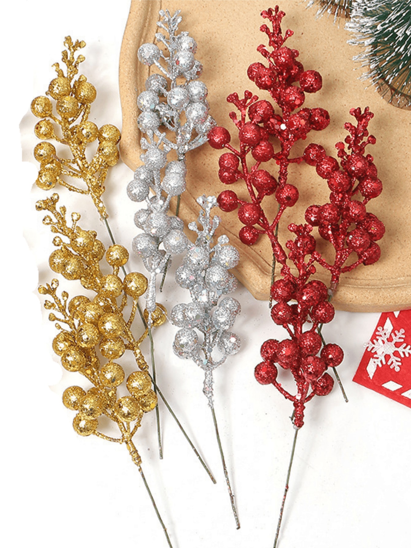 2pcs Foam Artificial Flowers, Christmas Glitter Berry Bouquet Suitable