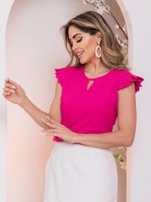 MARILYN MONNA blusa T-shirt de curta de cor sólida primavera e verão manga babado curta em moda feminina - Pink - Visão 4