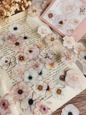 1pack/50pcs Light Colored Watercolor Flower Pet Stickers For Diy Journal Decoration Back To School