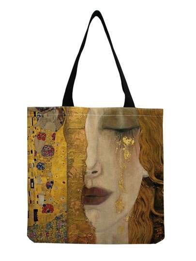 Gold Painting Print Tote Bag, Large Capacity Casual Handbag, Tear Woman Red Lip Pattern Canvas Bag, Reusable Shopping Bag, Suitable Gift For Gold Painting Enthusiasts