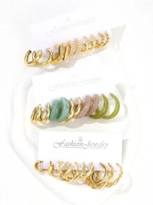 15 对/套时尚金属仿珍珠和亚克力树脂 C 形装饰耳环套装，适合日常佩戴 - 彩色 - 查看 3