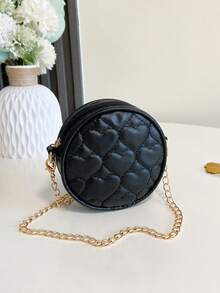 1pc Children's Pu Messenger Bag, Fashionable Embroidered Round Small Bag, Zipper Closure Casual - Black - View 5