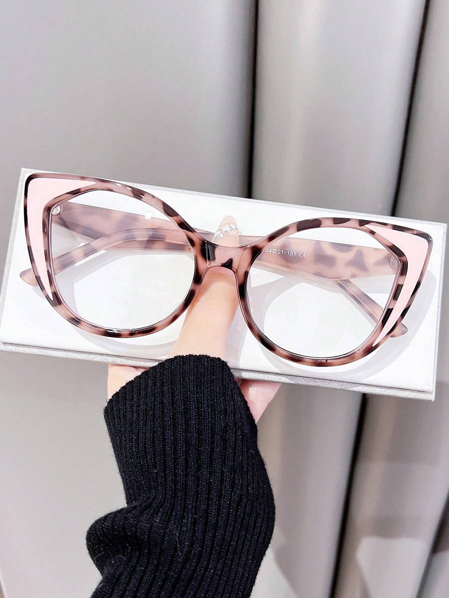 1 件女式粉紅豹紋貓眼非處方 Tr 色塊 Y2k 透明眼鏡,奢華派對配件 - 彩色 - 查看 1