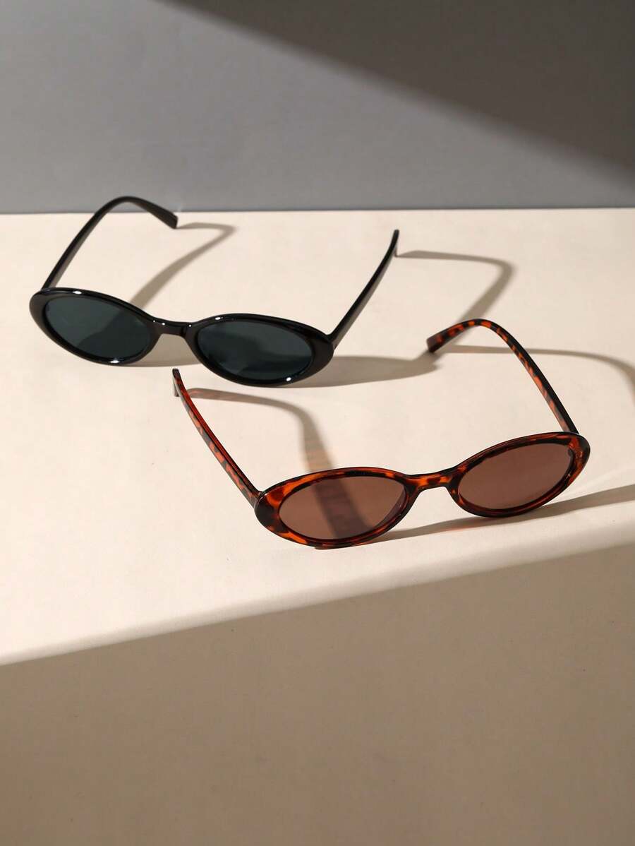 2pcs Women Vintage Small Oval Frame Plastic Fashion Glasses Retro