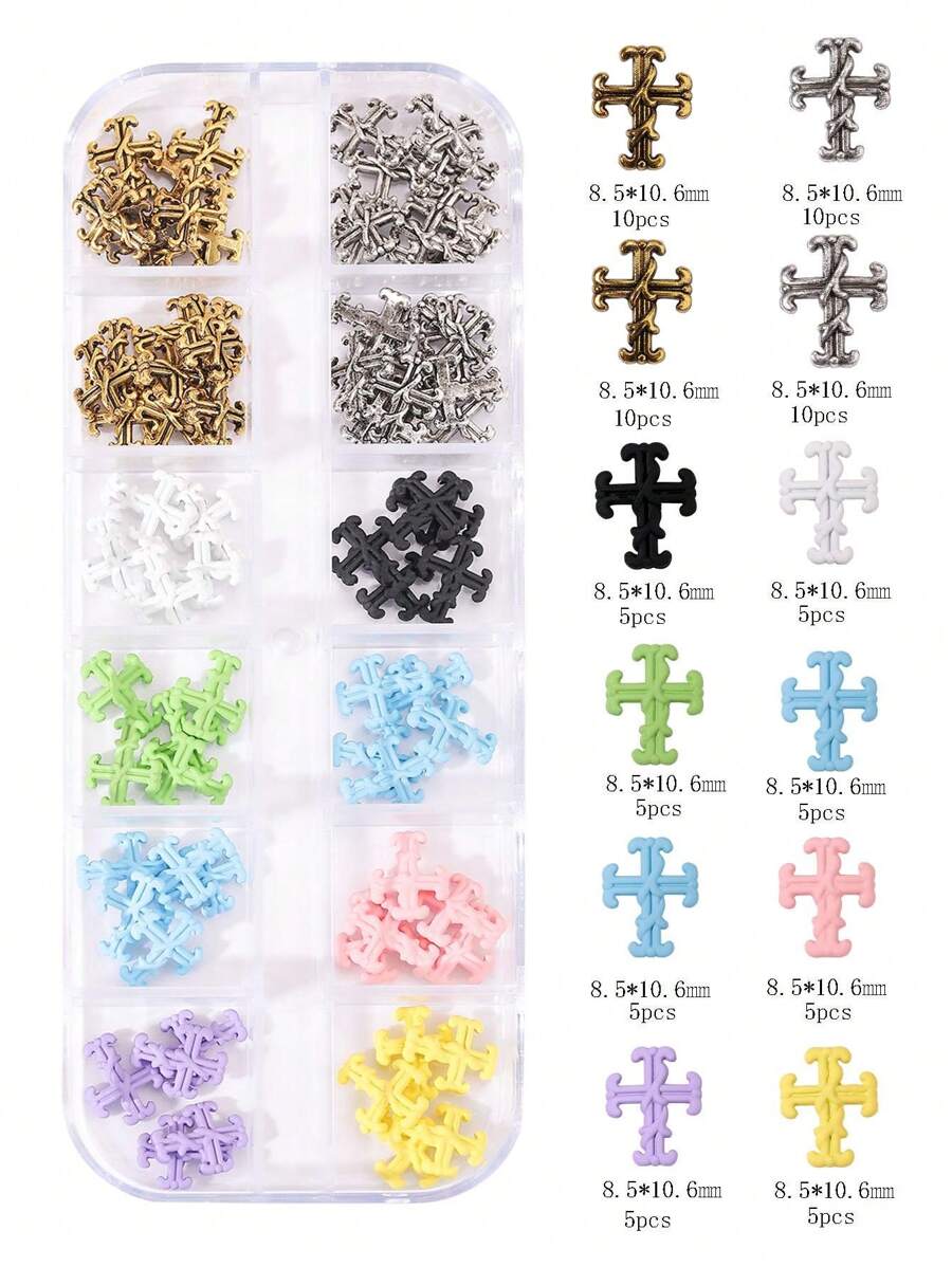 80Pcs/1 Box Punk Retro Cross Nail Patch Y2K Metal Macaron Color Cross Nail Ornament Set Simple And Versatile Style Retro Alloy Cross, Gothic Style Solid Metal Nail Drill Decoration, Fake Nail Decoration Accessories Nail Charms Nail Supplies Nail Gems Nails - Multicolor - View 1
