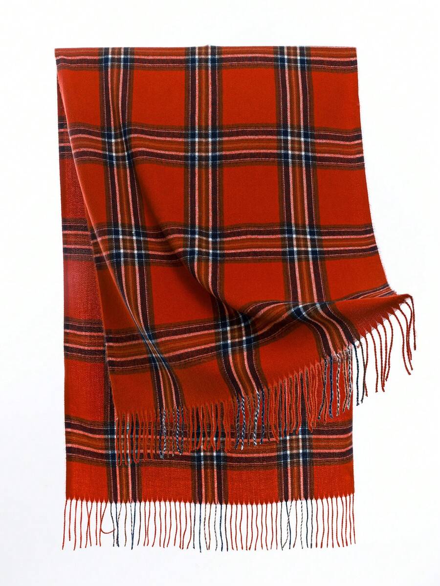 女士厚重格紋毛毯圍巾或披肩,優雅經典仿貂絨設計,溫暖柔軟舒適的流蘇毛毯 - 紅色 - 查看 1