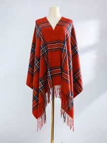 女士厚重格紋毛毯圍巾或披肩,優雅經典仿貂絨設計,溫暖柔軟舒適的流蘇毛毯 - 紅色 - 查看 2