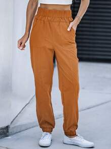 Women Pocketed High Waisted Sweatpants - Brown - View 3