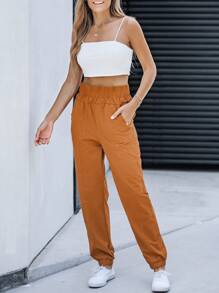 Women Pocketed High Waisted Sweatpants - Brown - View 4