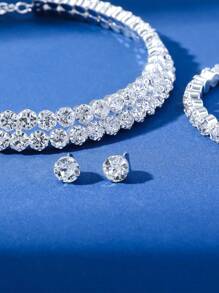1pc Flower Design Claw Set Rhinestone Necklace + 1pair Rhinestone Stud Earrings + 1pc Rhinestone Bracelet, 3pcs/set - Silver - View 2