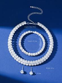 1pc Flower Design Claw Set Rhinestone Necklace + 1pair Rhinestone Stud Earrings + 1pc Rhinestone Bracelet, 3pcs/set - Silver - View 3