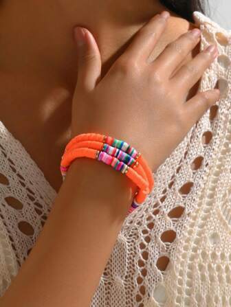 3pcs Orange Soft Ceramic Beaded Bohemian Style Multilayer Bracelet Set For Women