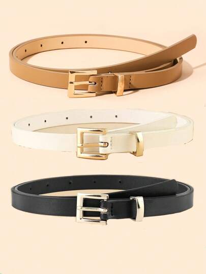 3条装女士多色方扣合金PU细腰带，适合夏季日常穿着、秋季上学、万圣节等场合