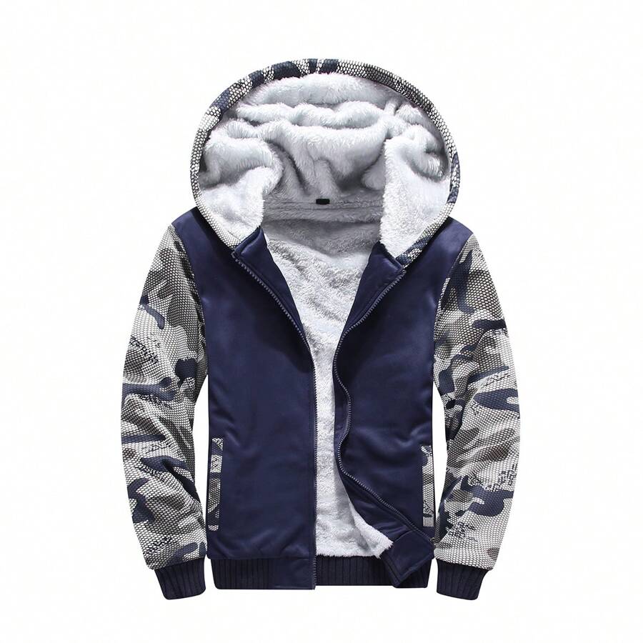 男士冬季時尚迷彩加厚絨毛夾克,適用於運動健身服裝 - 藏蓝色 - 查看 1