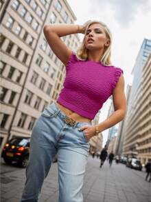 Women Knit Tops - 玫紅色 - 查看 1