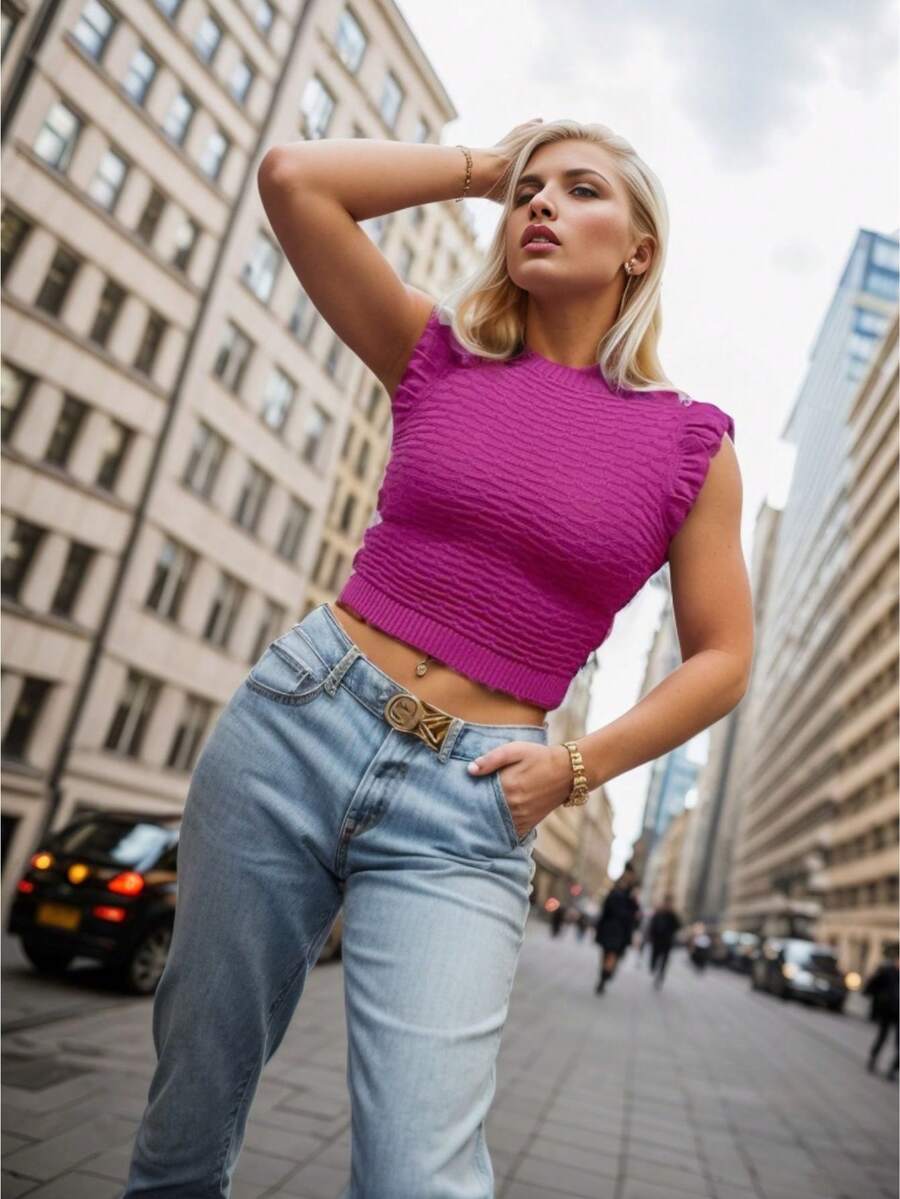 Women Knit Tops - 玫紅色 - 查看 1