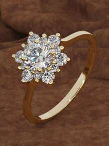 S925創意雪花造型鑲嵌立方氧化鋯戒指,白金/14k鍍金,適用於女性西式婚禮訂婚新娘珠寶 - 黃色 - 查看 2