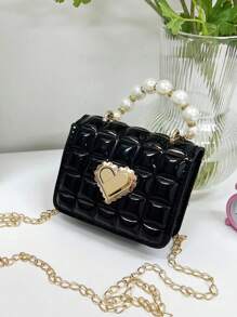 迷你人造珍珠装饰绗缝链条斜挎包、绗缝方形包、人造珍珠顶部提手手提包、人造珍珠提手包、链条单肩包、口红黑色钱包、黑色包、教师礼物、节日、度假、完美契合、购物、旅行的完美选择、时尚、简约、柔软皮革手提包迷你心形装饰手提包、格纹方形钱包、时尚链条斜挎包 - 黑色 - 查看 1