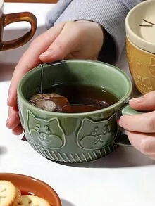 1pc Ceramic Cute Animal Coffee Mug With Lid - Green - View 6