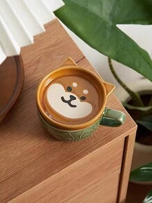 1pc Ceramic Cute Animal Coffee Mug With Lid - Green - View 3