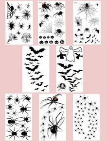 8 张万圣节黑色纹身贴纸，适用于脸部、颈部、耳朵、身体，带有蜘蛛、蝙蝠、南瓜图案 - 黑色 - 查看 2