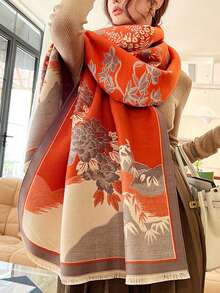 1 件女用圍巾,時尚印花人造羊絨披肩,學生護頸,厚雙面保暖