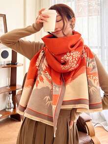 1 件女用圍巾,時尚印花人造羊絨披肩,學生護頸,厚雙面保暖