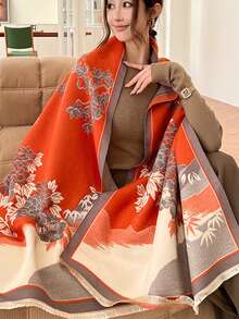 1 件女用圍巾,時尚印花人造羊絨披肩,學生護頸,厚雙面保暖