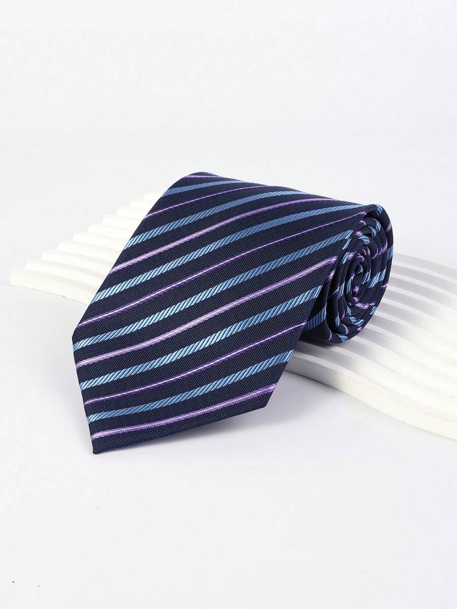 1條男士海軍藍休閒斜紋商務領帶，適用於工作 - 彩色 - 查看 1