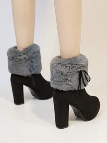 女式高跟短靴,新款側拉鍊翹毛絨厚底粗跟雪地靴,秋冬季節適用 - 黑色 - 查看 3