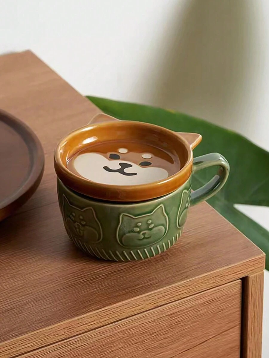 1pc Ceramic Cute Animal Coffee Mug With Lid - Green - View 1