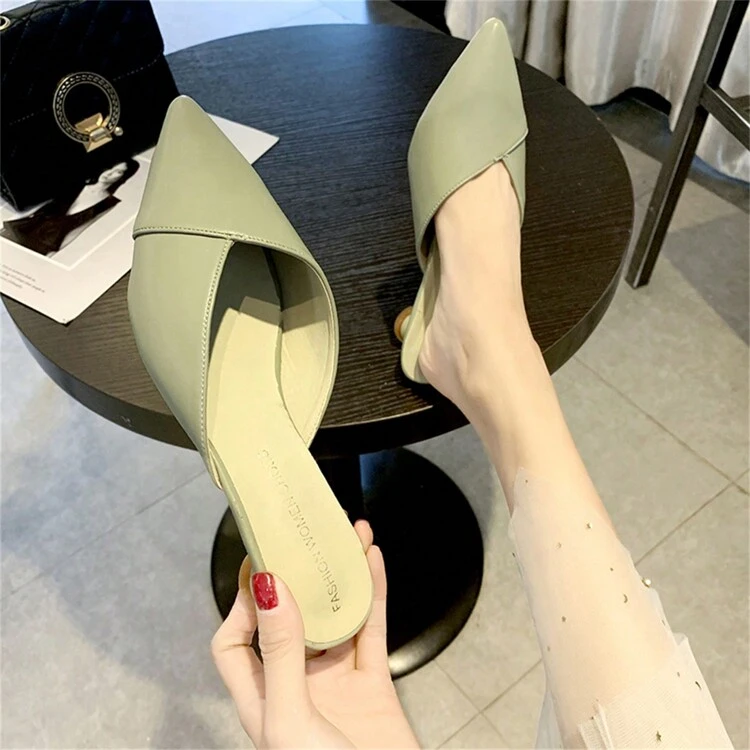 2025新款女士休闲乐福鞋，低跟粗跟或粗跟，时尚尖头穆勒鞋，适合户外活动，引领时尚 - 綠色 - 查看 2